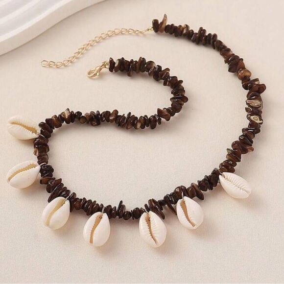 Brown beads with White Shell Necklace M527 - Picture 1 of 2